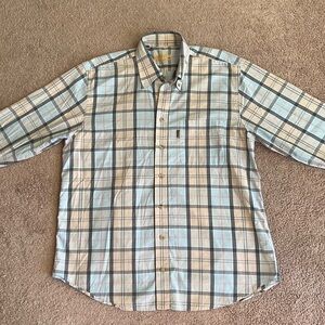 Barbour Heritage Button Down Tailored Long Sleeve Shirt Light Blue Tan Plaid